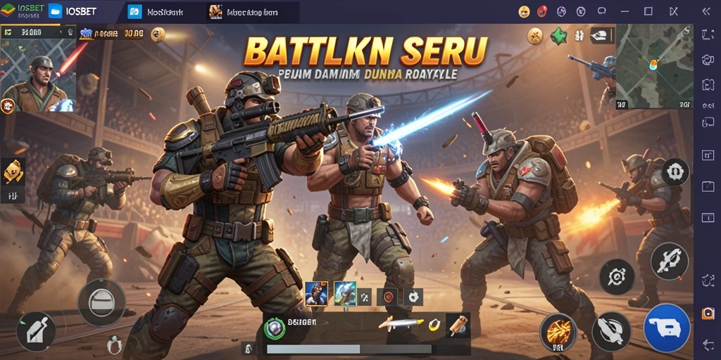 Screenshot utama IOSBET menampilkan aksi gameplay Battle Royale yang intens.